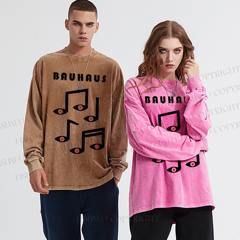 Unisex Casual Bauhaus Musical Note Eyes Washed Printed Long Sleeve T-shirt
