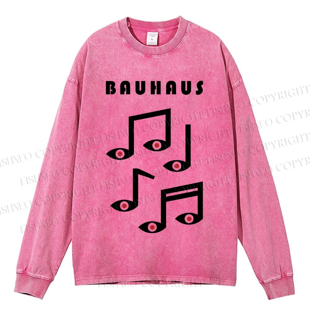 Unisex Casual Bauhaus Musical Note Eyes Washed Printed Long Sleeve T-shirt