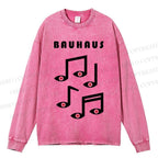 Unisex Casual Bauhaus Musical Note Eyes Washed Printed Long Sleeve T-shirt