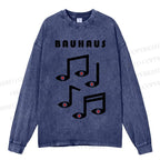 Unisex Casual Bauhaus Musical Note Eyes Washed Printed Long Sleeve T-shirt