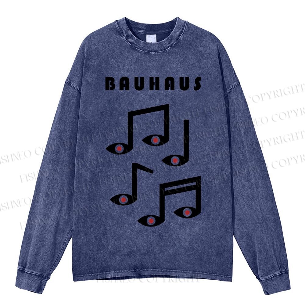 Unisex Casual Bauhaus Musical Note Eyes Washed Printed Long Sleeve T-shirt