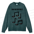 Unisex Casual Bauhaus Musical Note Eyes Washed Printed Long Sleeve T-shirt