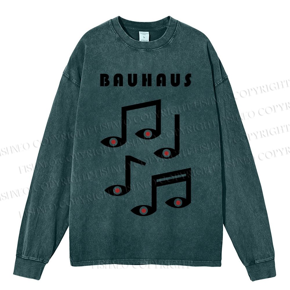 Unisex Casual Bauhaus Musical Note Eyes Washed Printed Long Sleeve T-shirt