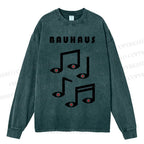 Unisex Casual Bauhaus Musical Note Eyes Washed Printed Long Sleeve T-shirt