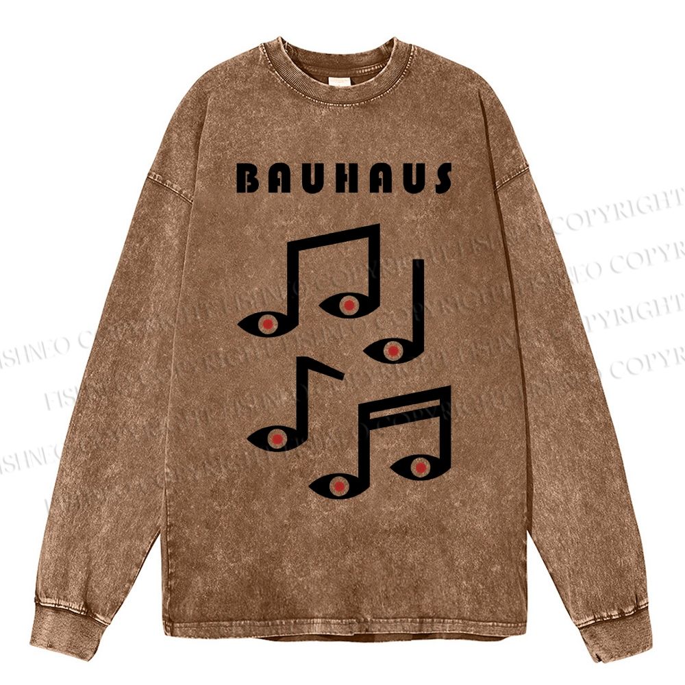 Unisex Casual Bauhaus Musical Note Eyes Washed Printed Long Sleeve T-shirt