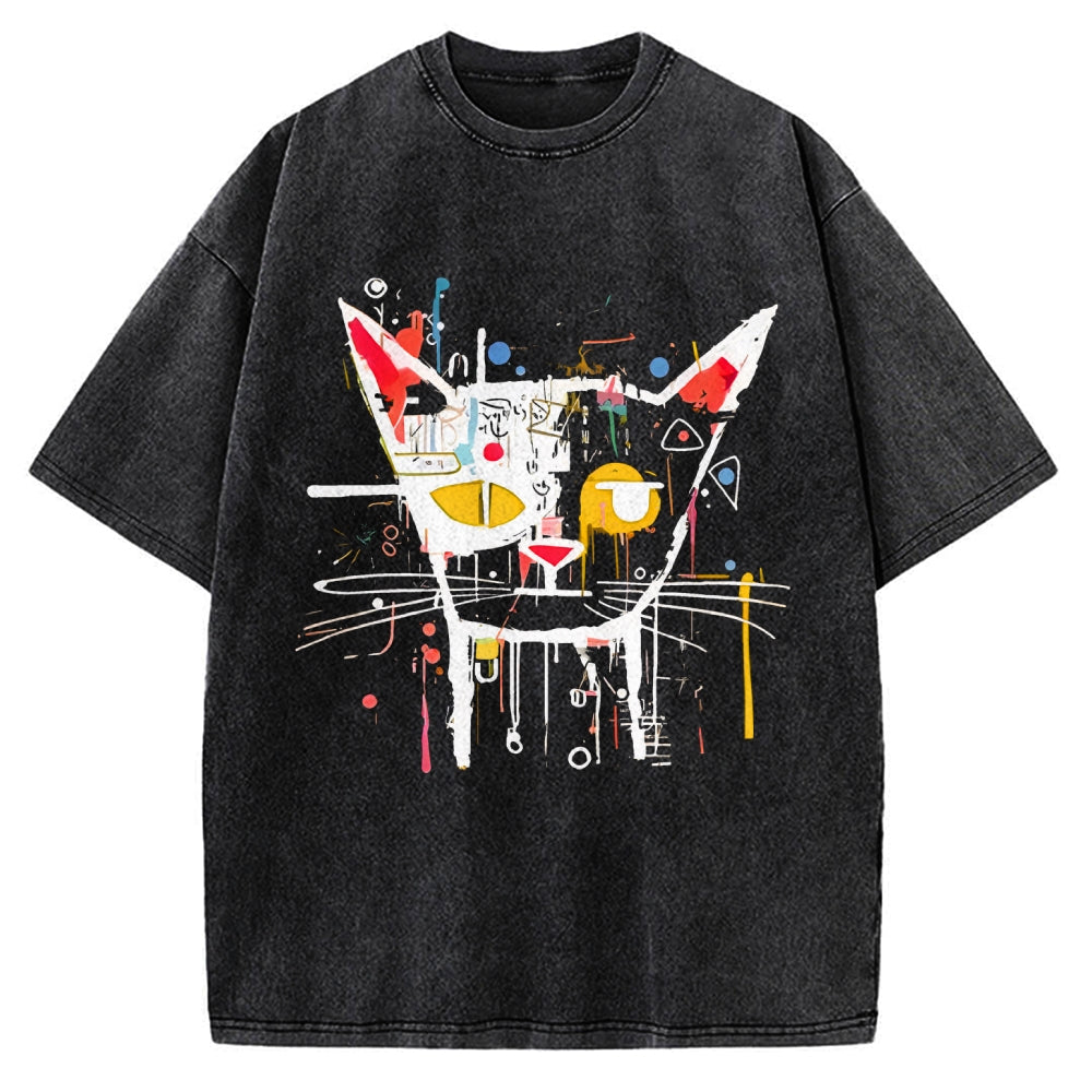 Unisex Abstract Art Cat Printed Washed T-shirt