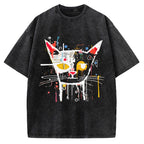 Unisex Abstract Art Cat Printed Washed T-shirt
