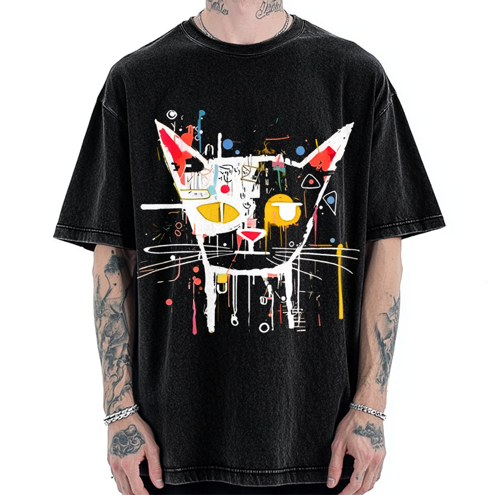 Unisex Abstract Art Cat Printed Washed T-shirt