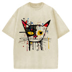 Unisex Abstract Art Cat Printed Washed T-shirt