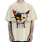 Unisex Abstract Art Cat Printed Washed T-shirt