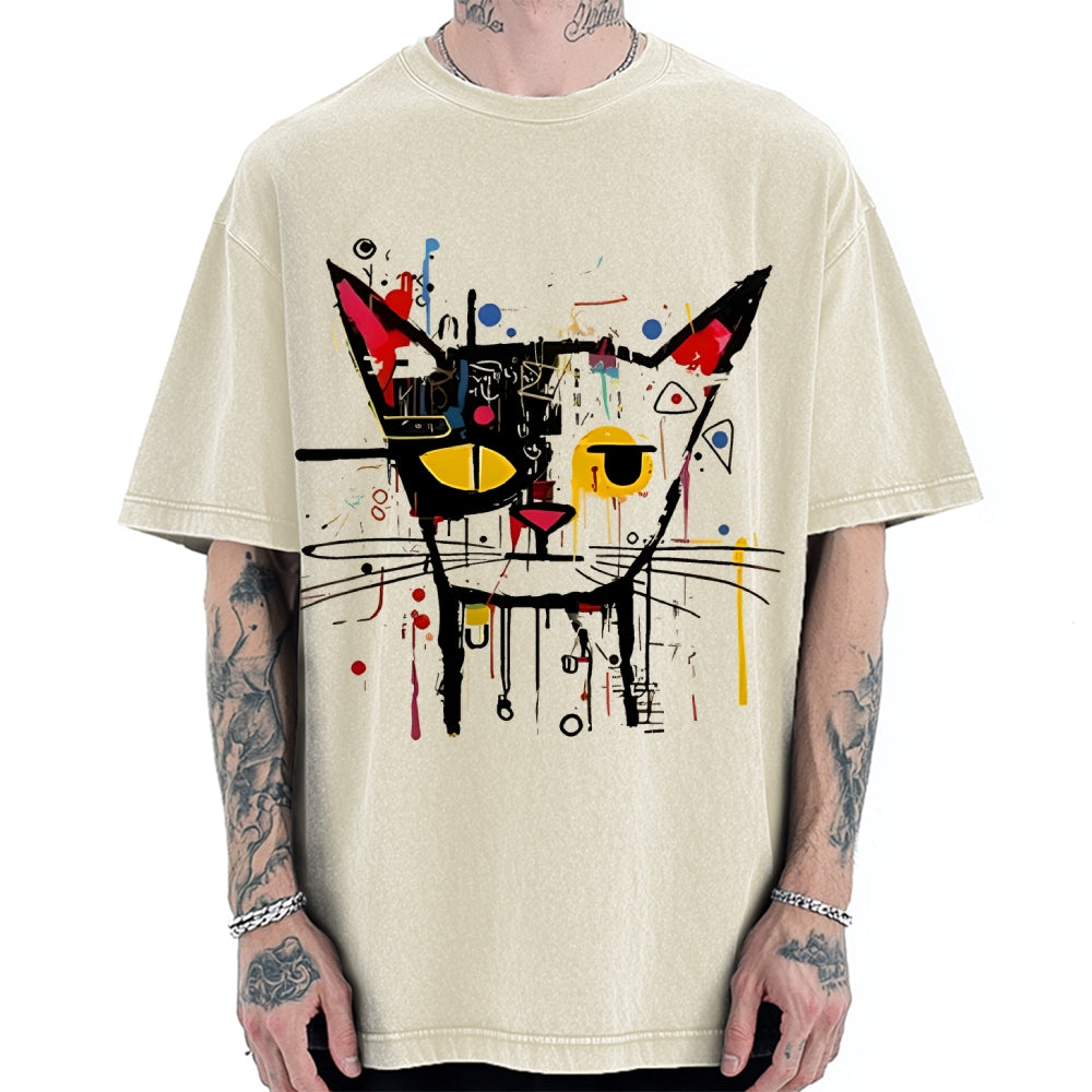 Unisex Abstract Art Cat Printed Washed T-shirt