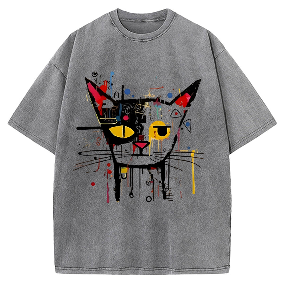 Unisex Abstract Art Cat Printed Washed T-shirt