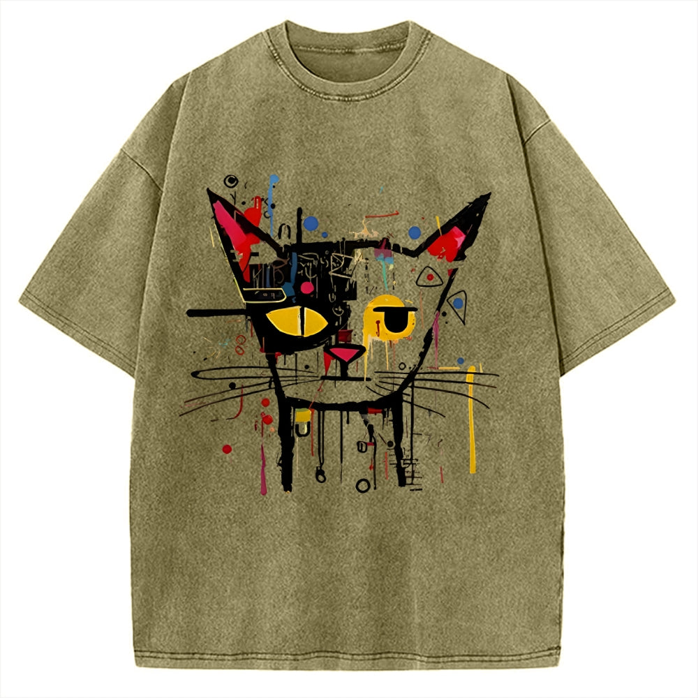 Unisex Abstract Art Cat Printed Washed T-shirt