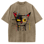 Unisex Abstract Art Cat Printed Washed T-shirt