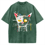 Unisex Abstract Art Cat Printed Washed T-shirt