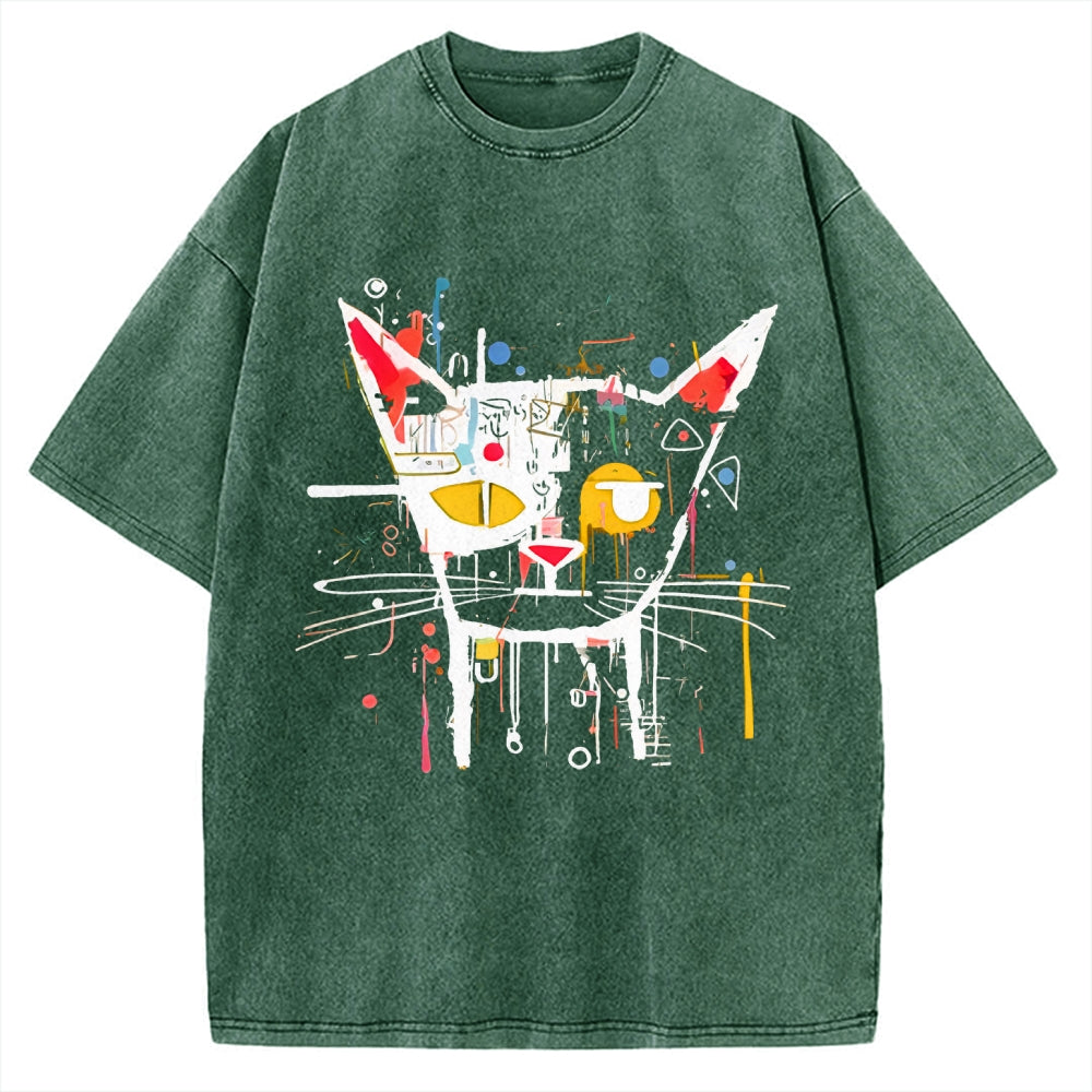Unisex Abstract Art Cat Printed Washed T-shirt