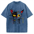 Unisex Abstract Art Cat Printed Washed T-shirt