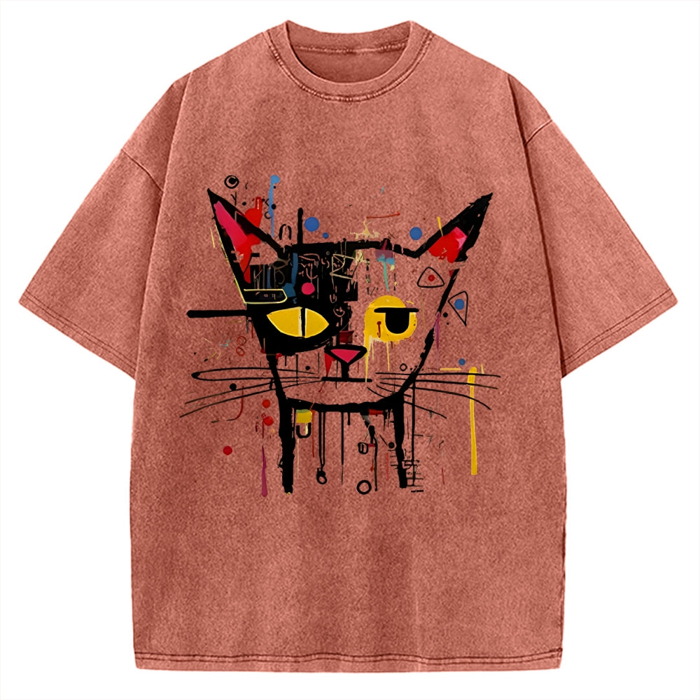 Unisex Abstract Art Cat Printed Washed T-shirt