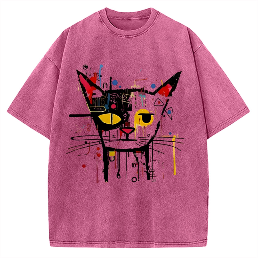 Unisex Abstract Art Cat Printed Washed T-shirt