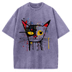 Unisex Abstract Art Cat Printed Washed T-shirt