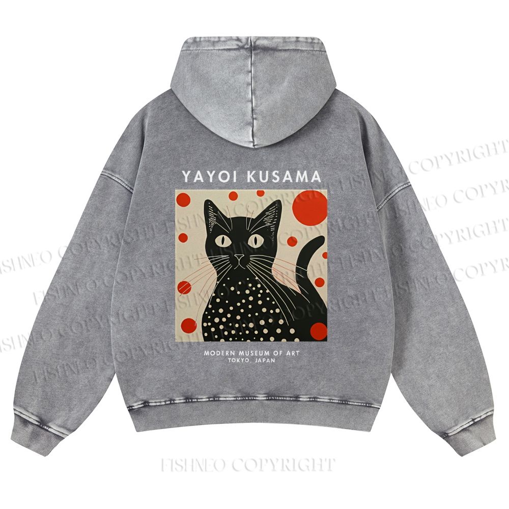 Casual Yayoi Kusama Cat Printed Washed Hoodie