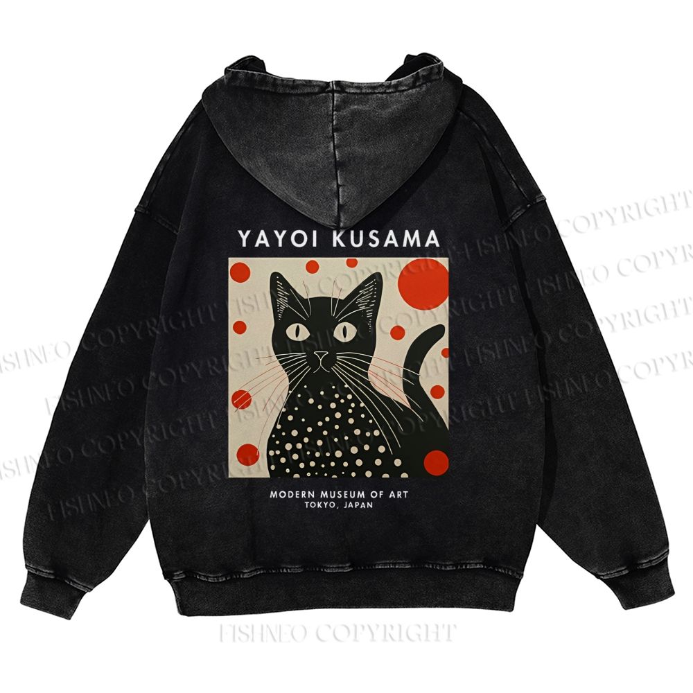 Casual Yayoi Kusama Cat Printed Washed Hoodie