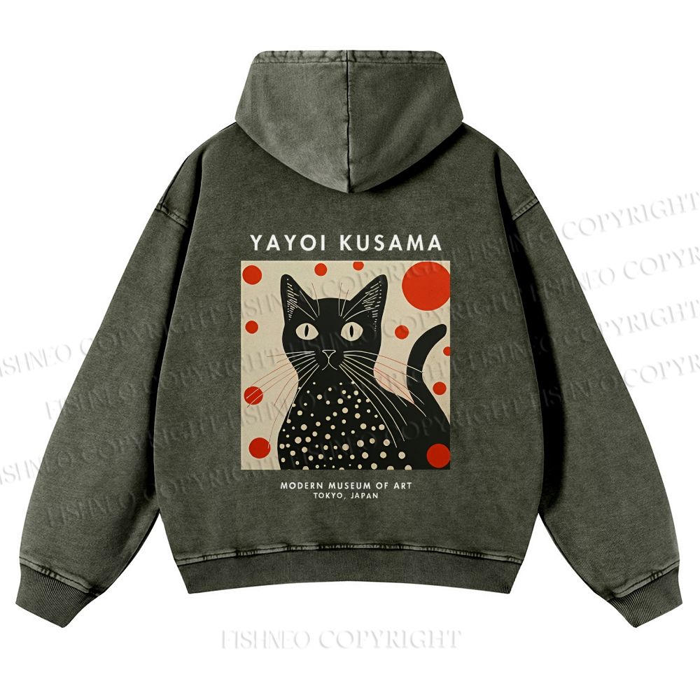 Casual Yayoi Kusama Cat Printed Washed Hoodie