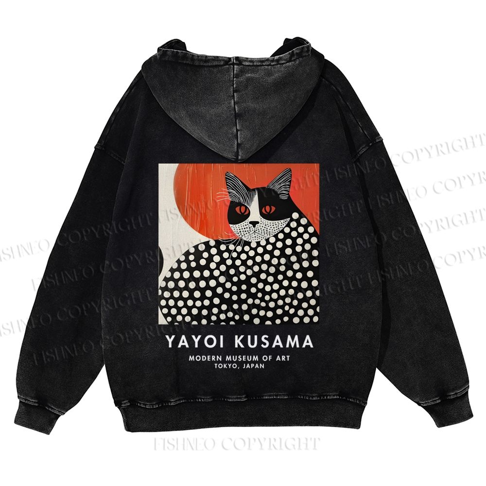 Casual Yayoi Kusama Cat Printed Washed Hoodie