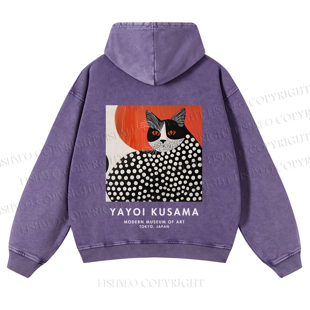 Casual Yayoi Kusama Cat Printed Washed Hoodie