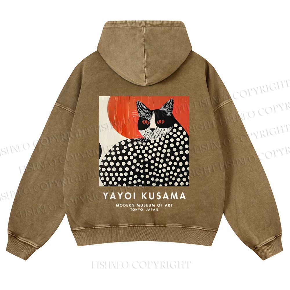 Casual Yayoi Kusama Cat Printed Washed Hoodie