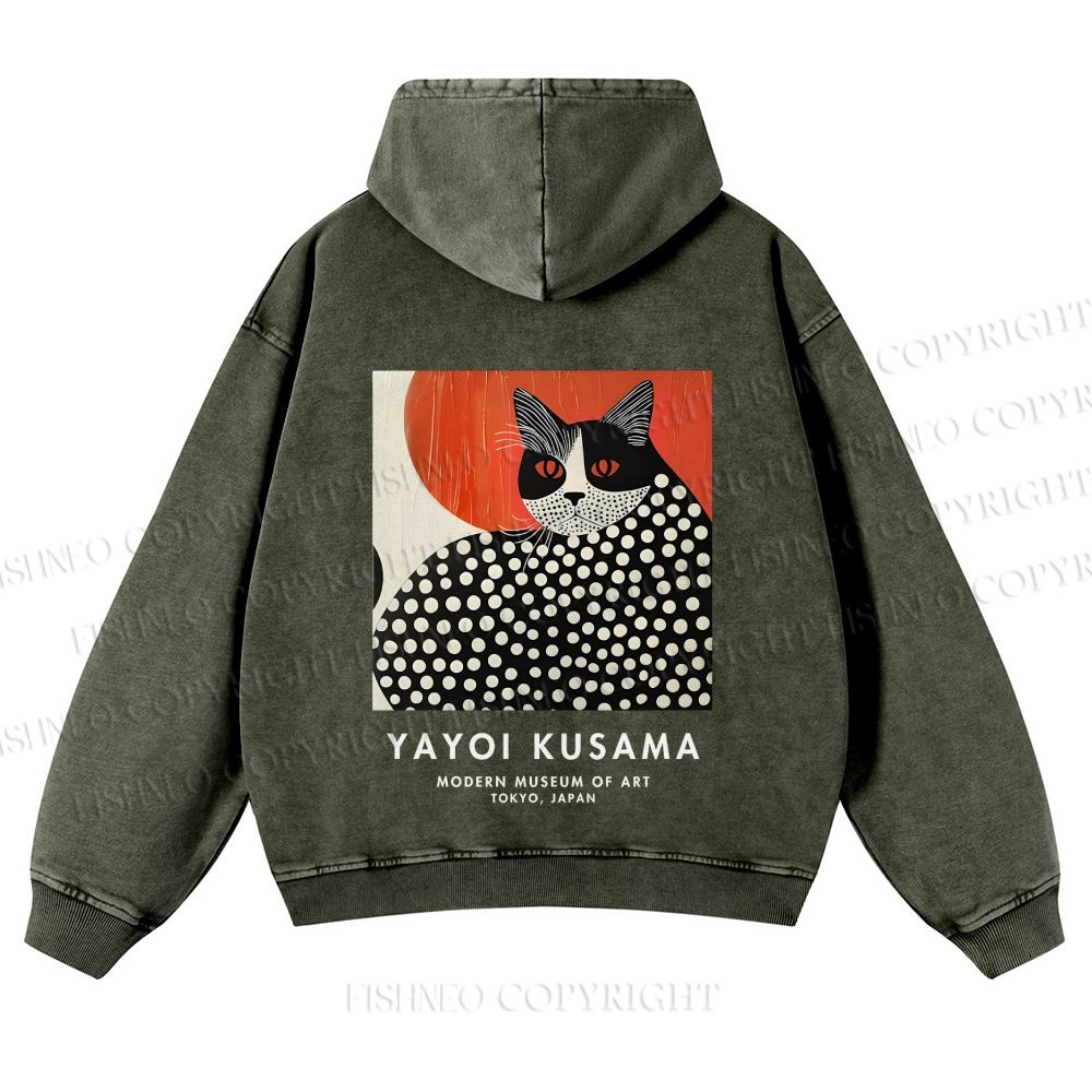 Casual Yayoi Kusama Cat Printed Washed Hoodie