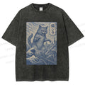 Unisex Vintage Wave Cat Printed Washed Tee