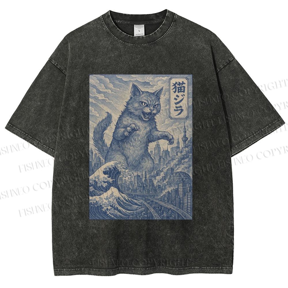 Unisex Vintage Wave Cat Printed Washed Tee