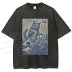 Unisex Vintage Wave Cat Printed Washed Tee