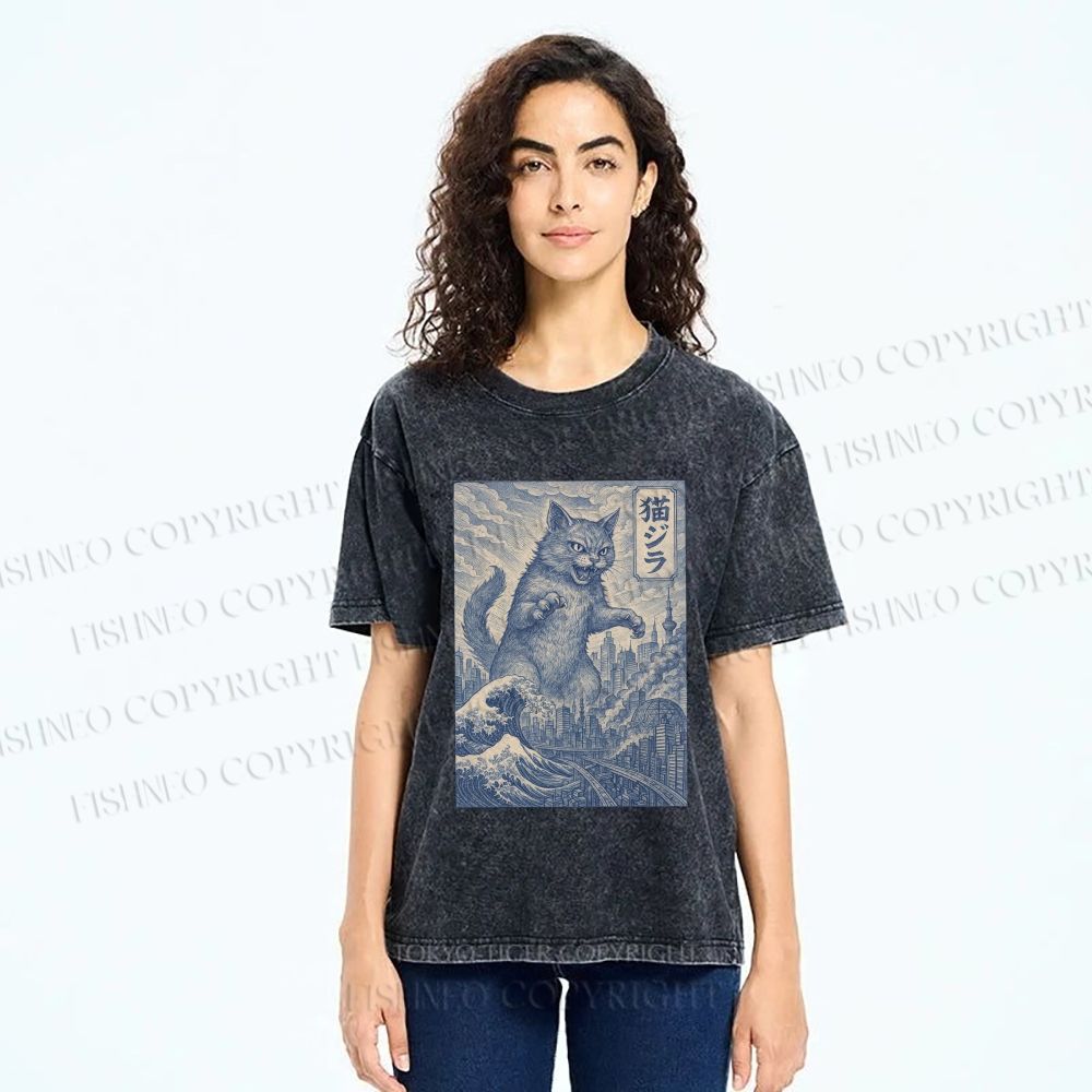 Unisex Vintage Wave Cat Printed Washed Tee