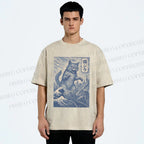 Unisex Vintage Wave Cat Printed Washed Tee