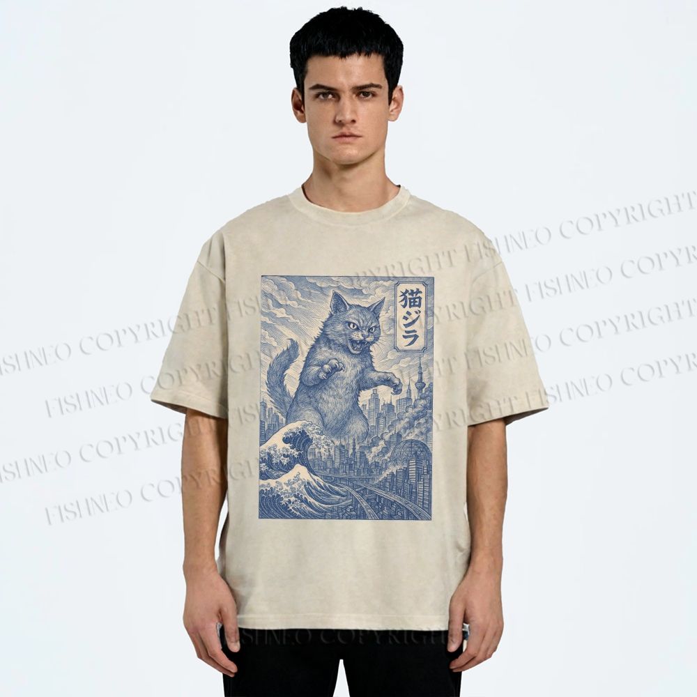 Unisex Vintage Wave Cat Printed Washed Tee