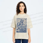 Unisex Vintage Wave Cat Printed Washed Tee