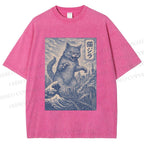 Unisex Vintage Wave Cat Printed Washed Tee