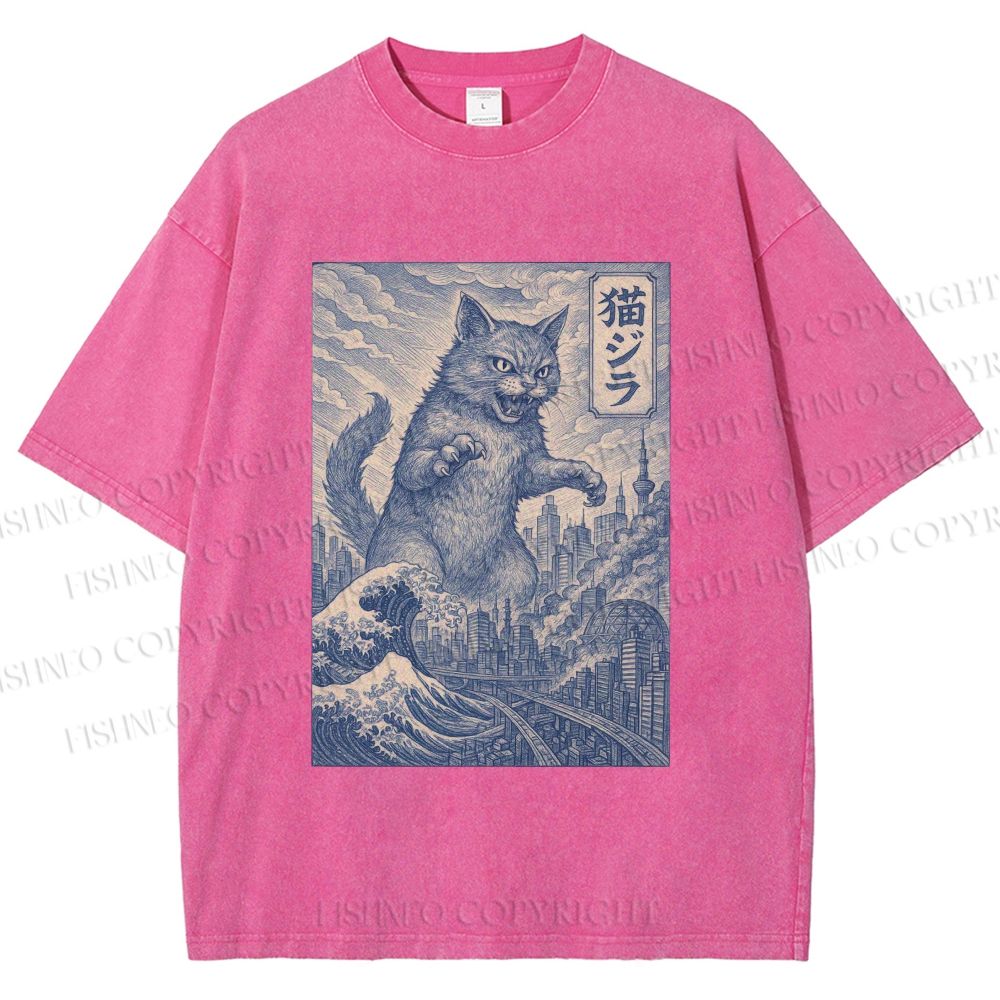 Unisex Vintage Wave Cat Printed Washed Tee