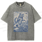 Unisex Vintage Wave Cat Printed Washed Tee