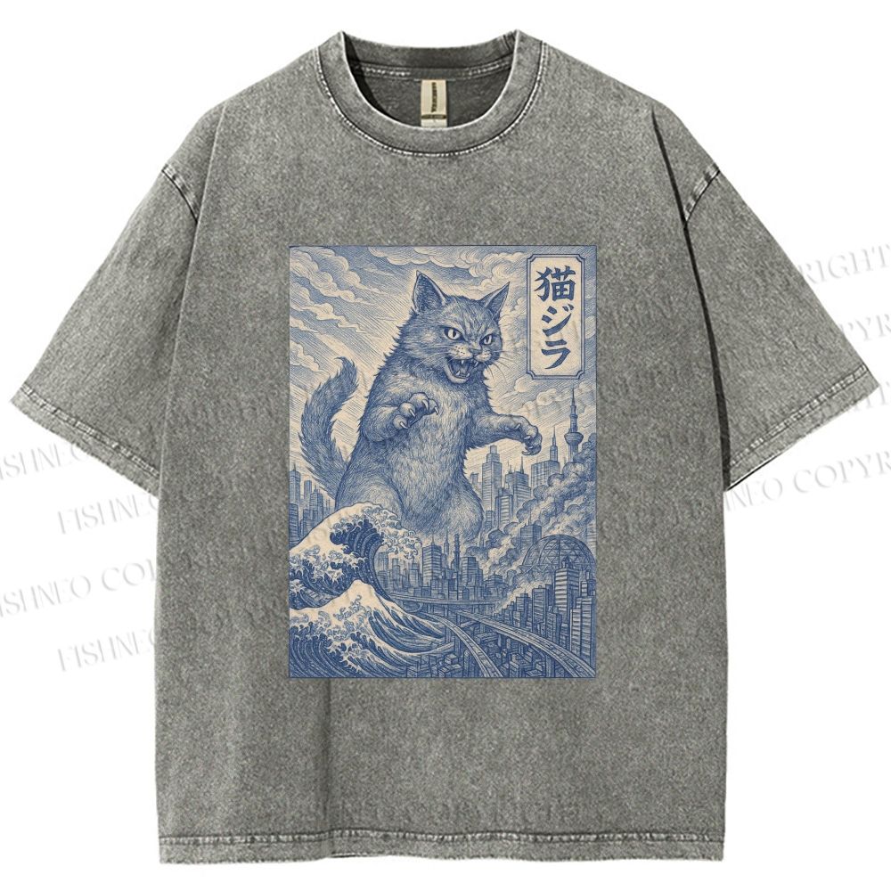 Unisex Vintage Wave Cat Printed Washed Tee