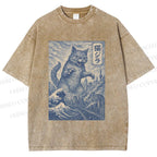 Unisex Vintage Wave Cat Printed Washed Tee