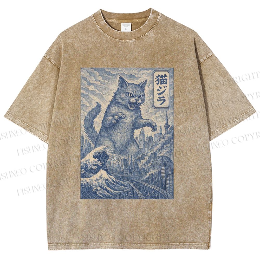 Unisex Vintage Wave Cat Printed Washed Tee