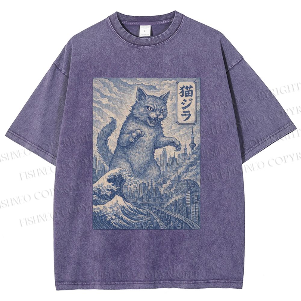 Unisex Vintage Wave Cat Printed Washed Tee