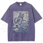 Unisex Vintage Wave Cat Printed Washed Tee