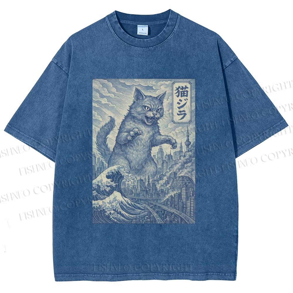 Unisex Vintage Wave Cat Printed Washed Tee