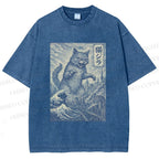 Unisex Vintage Wave Cat Printed Washed Tee