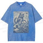 Unisex Vintage Wave Cat Printed Washed Tee