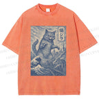 Unisex Vintage Wave Cat Printed Washed Tee